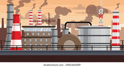 Vector illustration of an industrial city landscape. Cartoon scenes of factory buildings with windows, pipes with clouds of smoke, steel tanks,lifting cranes. Enterprise. Environmental pollution.