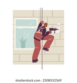 Vector illustration of an industrial climber with a drill in his hands on a high-rise building. Workers using protective helmets,insurance for construction work