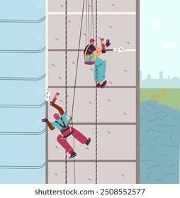 Vector illustration with industrial climbers working on a high-rise building. Workers using protective helmets, insurance and mounting foam for construction work