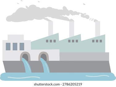 Vector illustration of industrial effluent flowing into a factory and river