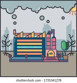 Vector illustration of Industrial factory. Plant or Factory Building with trees and pollution.