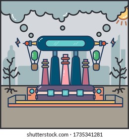 Vector illustration of Industrial factory. Plant or Factory Building with trees and pollution.