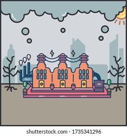 Vector illustration of Industrial factory. Plant or Factory Building with trees and pollution.