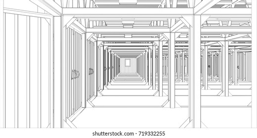 Vector illustration of industrial interior. 3D Rendering Vector Illustration