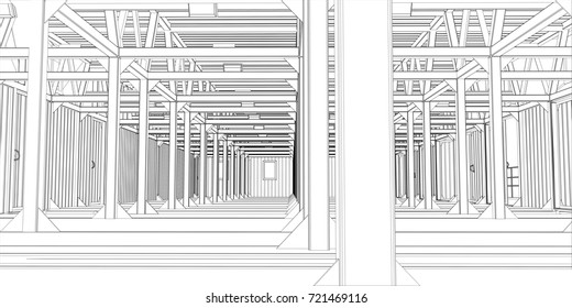 Vector illustration of industrial interior. 3D Rendering Vector Illustration