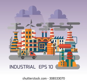 Vector illustration industrial landscape with factory and houses.