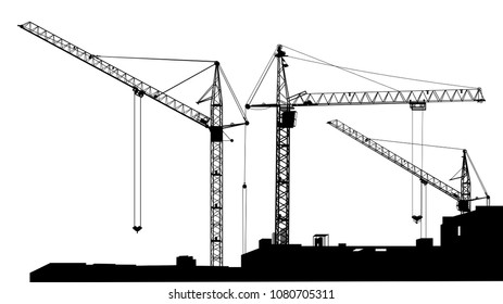 Vector illustration of industrial landscape with silhouettes of cranes on the white background