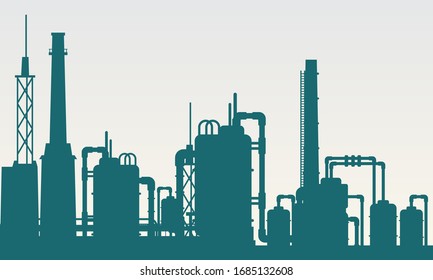 Vector illustration of industrial processing factory building. Suitable for design elements of the petroleum refining industry, energy sources and raw materials. Silhouette from the factory with pipes