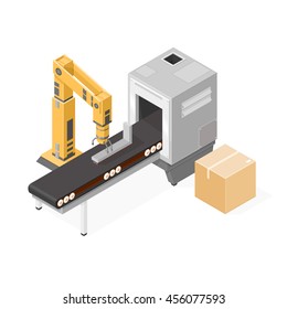 Vector Illustration Of Industrial Robotic Arm Technology At Assembly Line.
Isometric Automated Robot Arm.
Industrial Mechanical Arm.