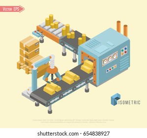 Vector illustration of Industrial Robotic arm technology at assembly line. Isometric industrial factory horizontal banners with automated lines of production gold bar.
