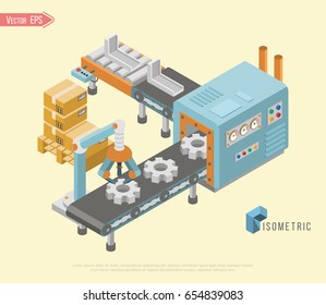 Vector Illustration Of Industrial Robotic Arm Technology At Assembly Line. Isometric Automated Robot Arm. Industrial Mechanical Arm.