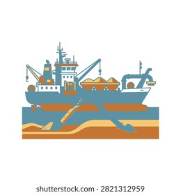 A vector illustration of a industrial suction dredger ship excavating sediment from the ocean floor, showcasing marine construction and dredging activity.
