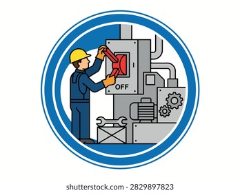 A vector illustration of an industrial worker in a hard hat operating a large electrical control panel switch labeled as off.