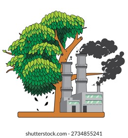 vector illustration of industry with pollutants slowly eating away at trees
