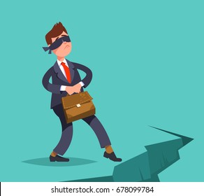 Vector illustration inexperienced, weak businessman take a step blindfolded on the edge of the abyss. Business concept