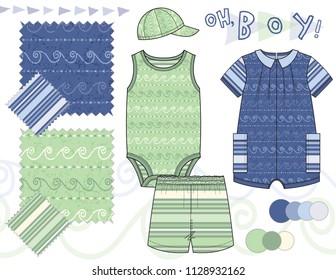 Vector Illustration of Infant Baby Boys' fashion / Four Seamless Repeat Patterns saved in Swatches Panel for textile and paper product / Isolated flat sketches and design elements in separate layers