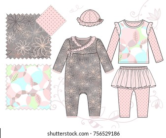 Vector Illustration of Infant Baby Girls' fashion / Three Seamless Repeat Patterns saved in Swatches Panel for textile and paper product / Isolated flat sketches and design elements in separate layers