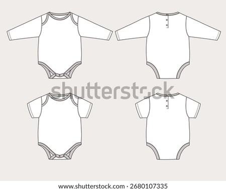 Vector Illustration Infant Baby Long sleeve Bodysuit, Fashion Flat Sketch, , CAD, Technical, Template, Mockup