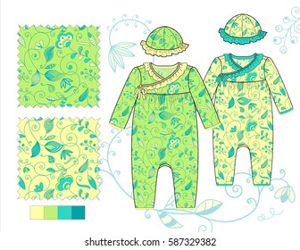 Vector Illustration of Infant Girls' fashion / Two Floral and Vine patterns saved in Pattern Swatch for textile and paper product / Isolated flat sketches and design elements in separate layers