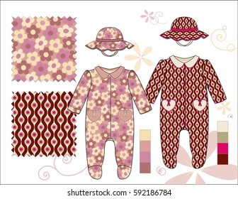 Vector Illustration of Infant Girls' Fashion / Two repeat patterns saved in Pattern Swatches for textile and paper product / Isolated flat sketches and design elements in separate layers