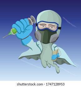 Vector illustration of an infectious disease doctor in a protective suit against dangerous viruses as a super hero flies to the rescue of people with a rescue vaccine in a syringe.