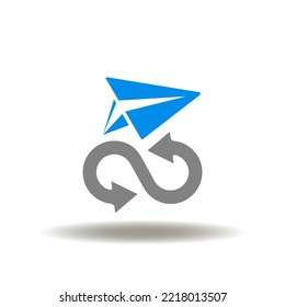 Vektorgrafik der Unendlichkeit mit Pfeil und Papierebene. Symbol des automatisierten Postdienstes. Symbol der Produktfreigabe.