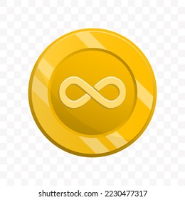 Vector illustration of Infinity coin in gold color on transparent background (PNG).