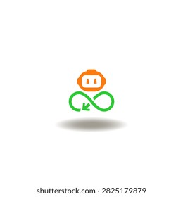 Vector illustration of infinity cycle with round arrow and robot head. Symbol of recursive self-improvement AGI technology. Icon of artificial intelligence agent.