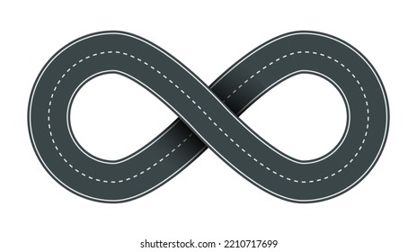 Ilustración vectorial del camino en forma de infinito con marcas blancas aisladas en fondo blanco. Icono de infinito de camino vacío en la vista superior. Una plantilla de carreteras sin fin.