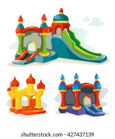 Vector illustration of inflatable castles and children hills on playground. Pictures isolate on white background