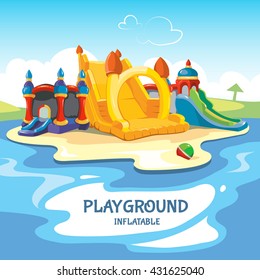 Vector illustration of inflatable castles and children hills on playground.