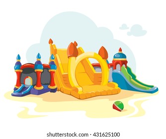 Vector illustration of inflatable castles and children hills on playground. Pictures isolate on white background