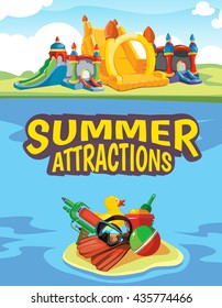 Vector illustration of inflatable castles and children hills on playground. Advertise poster with place for your text