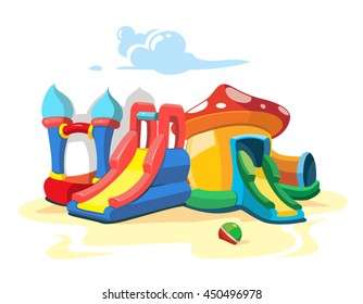 Vector illustration of inflatable castles and children hills on playground. Landscape Picture isolate on white background