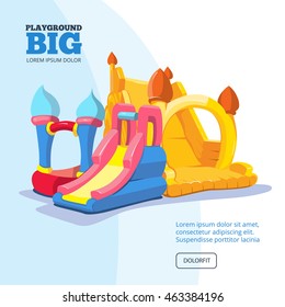 Vector illustration of inflatable castles and children hills on playground. Pictures for your personal design project with place for your text