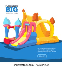 Vector illustration of inflatable castles and children hills on playground. Pictures for your personal design project with place for your text. Isolate on light background