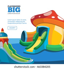 Vector illustration of inflatable castles and children hills on playground. Pictures for your personal design project with place for your text. Cover design