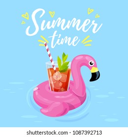 Vector illustration, inflatable flamingo with a cocktail in a swimming pool. Summer time text.