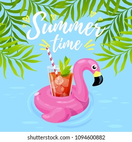 Vector illustration, inflatable flamingo with a cocktail in a swimming pool. Summer time text.