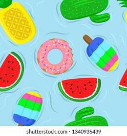 Vector illustration of inflatable mattresses in the form of pineapple, watermelon, cactus, ice cream. pattern