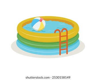 Vector illustration of inflatable pool isolated on white background. Swimming pool full water with inflatable ball.