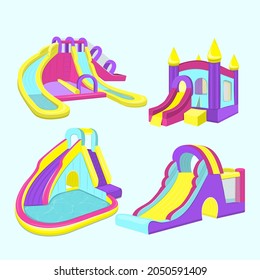 Vector illustration of inflatable slides isolated on blue background.  