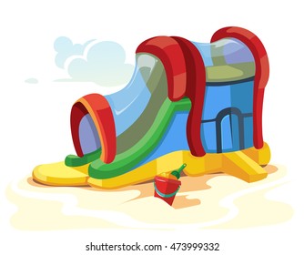 Vector illustration of inflatable slides on children playground. Picture isolate on white background