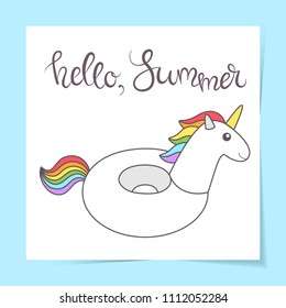 Vector illustration: inflatable swimming accessory white rubber Unicorn with rainbow mane and tale in cartoon style isolated on white background.Summer vacation equipment, traveling, beach, sea, ocean