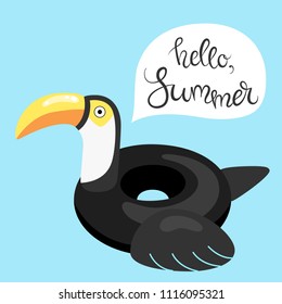 Vector illustration: inflatable swimming accessory black rubber Toucan with yellow beak, black tale and wing and white neck in flat style isolated on blue background with lettering Hello Summer