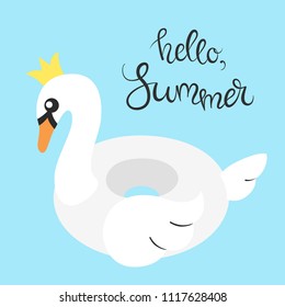 Vector illustration: inflatable swimming accessory white rubber Swan with orange beak, white wing and tale and yellow crown in flat style isolated on blue background with calligraphic inscription.
