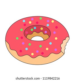 
Vector illustration: inflatable swimming accessory Pink rubber Donut with glaze, tooth bite and rainbow sprinkles in flat style in cartoon style isolated on white background.