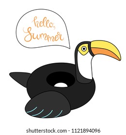 Vector illustration: inflatable swimming accessory black rubber Toucan with yellow beak, black tale and wing and white neck and  calligraphic lettering in flat style isolated on white background.