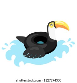 Vector illustration: inflatable swimming accessory black rubber Toucan with yellow beak, black tale and wing and white neck in flat style isolated on white background.