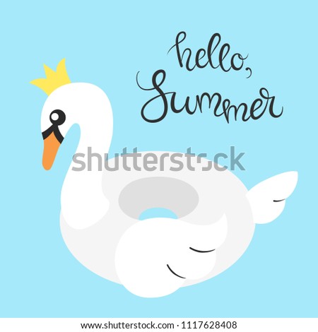 Vector illustration: inflatable swimming accessory white rubber Swan with orange beak, white wing and tale and yellow crown in flat style isolated on blue background with calligraphic inscription.
